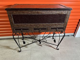 Tuscan Old World Console Cabinet Wrought Iron Tooled Leather Nailhead Storage