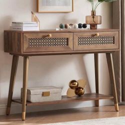 42" Console Table with 2 Drawers, Mid Century Modern Wood Entryway Table, Boho Sofa Entry Tables Behind Couch f