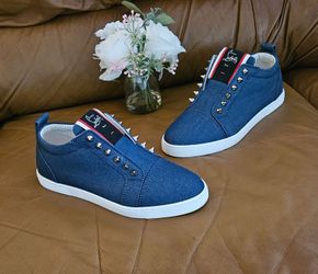 Women's Christian Louboutin Fique A Vontade Denim Spike-Studded Sneakers Size 5.5 US