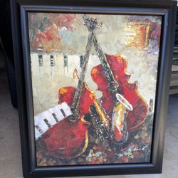 Oil Painting Of Violins, Sax, Piano - Framed