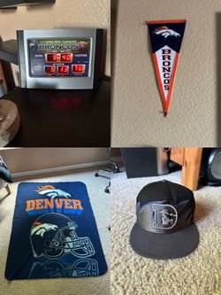 Official Denver Broncos 4-Piece Fan Bundle - Scoreboard Alarm Clock, Blanket, New Era Hat, Blanket, and Pennant