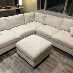 New Corduroy Fabric Sectional.  99” X 99”.  Off White / Beige.  Free Delivery!
