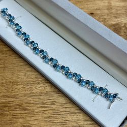 Beautiful Vintage Blue Topaz 925 Sterling Silver Tennis Bracelet Sz 8-1/2