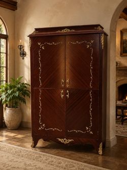 Ornate Mahogany TV Entertainment Armoire with Gold Accents