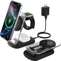  3 in 1 Magnetic Wireless Charging Station for Apple Devices, Fast Foldable Travel Mag-Safe Charger Stand with Night Light for iPhone 16 15 14 13 12 S