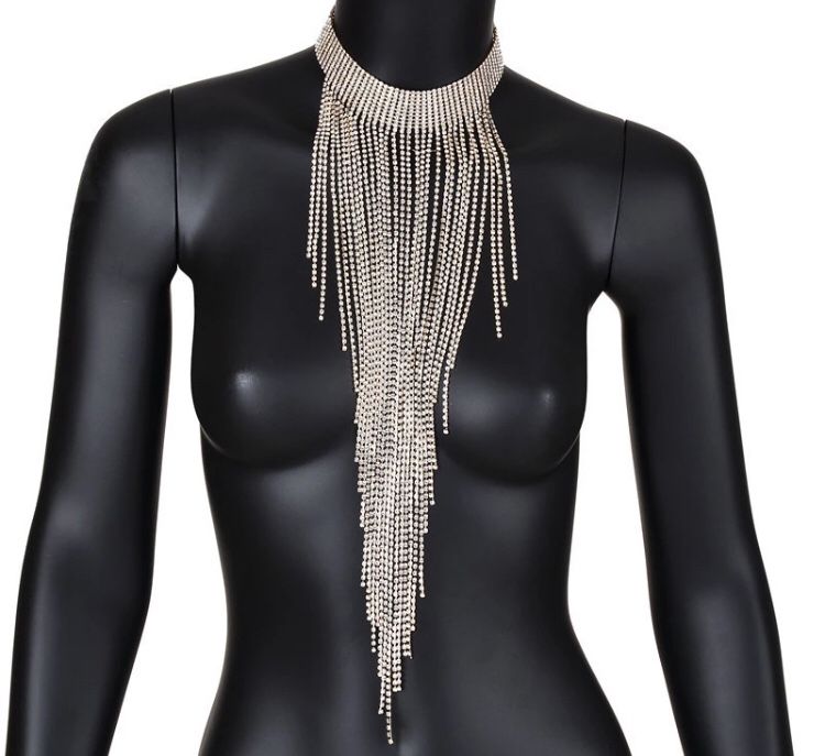 Rhinestone choker tassel statement piece necklace