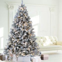 Pre-Lit Flocked Christmas Tree, 6 ft & 7 ft Auto-Hinged