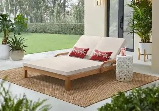 Hampton Bay Orleans Eucalyptus Wood Outdoor Double Chaise Lounge With Almond Cushions