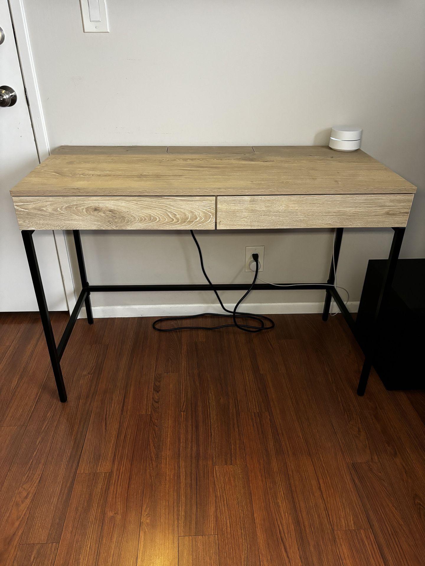 Desk , Loring Wood Writing Desk with Drawers and Charging Station