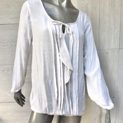 Antilia Femme Women's Beige Viscose Blend Blouse Tunic Top Tie Neck Pleated Front Long Sleeve
