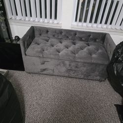 GRAY VELVET STORAGE BENCH