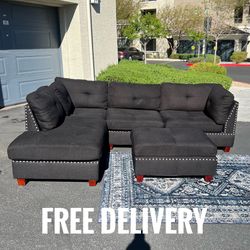 Modern Studded Sectional Couch W/Ottoman 