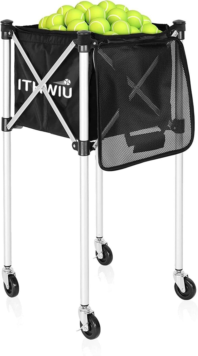 ITHWIU Foldable Tennis Ball Hopper Basket Cart Holds 180 Balls Wheeled Teaching Carts, Light Aluminum Alloy Trolley for Tennis Balls, Portable Compact