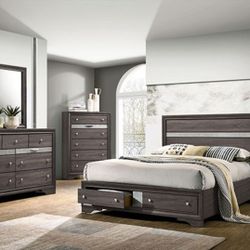 Brand New Grey Modern Style 4pc Queen Bedroom Set (Available In Eastern King)