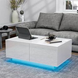 New Modern White Gloss Finish Coffee Table with 4 Drawers LED Center Cocktail Side Table