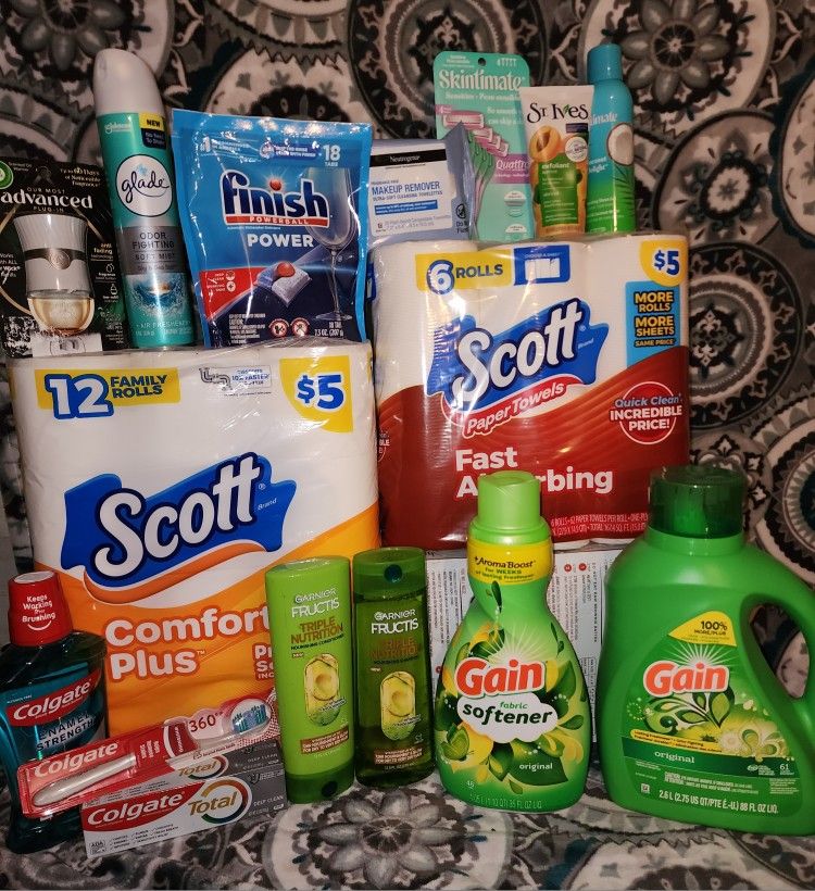 Bundle Gain, garnier shampoo/conditioner, colgate, skintimate, neutrogena, glade, st. Ives, finish, airwick