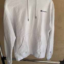 Champion White Hoodie Embroidered Logo Sleeve Pocket Size M