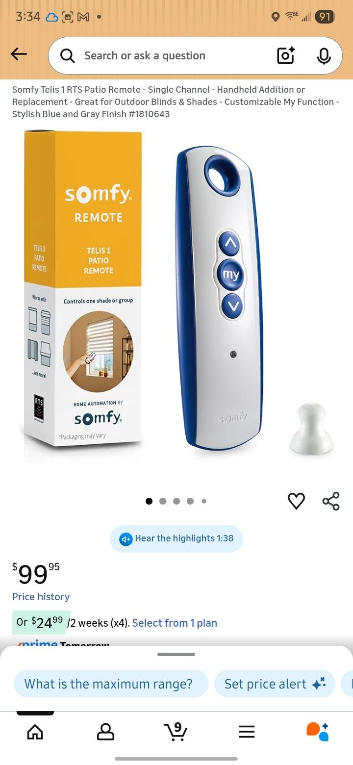 Somfy Telis 1 RTS Patio Remote Single Channel Handheld Addition or Replacement