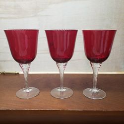 Set Of 3 Bohemian Red Twisted Stem Czech Crystal Bell Shaped Goblets 