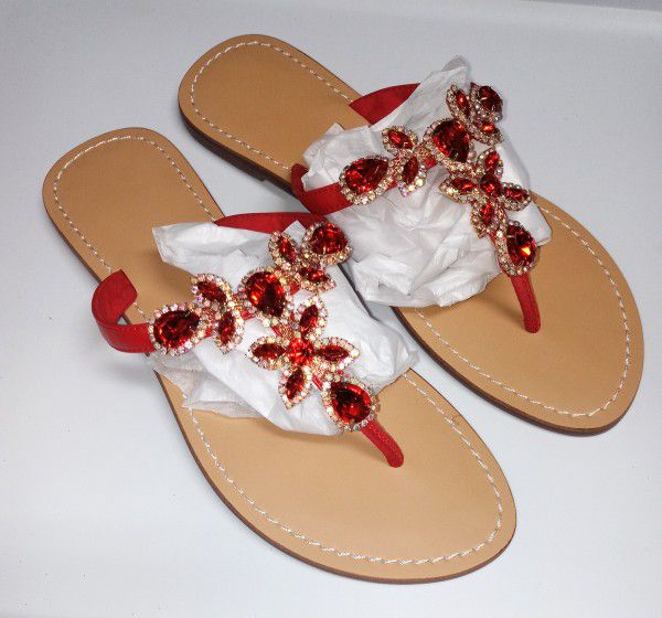 Red And White With Gold Jewel Flip Flop Sandal Women's Size 10 