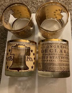 Vintage 1976 U.S. Bicentennial Rocks Glasses - Set of 4 - 22k Gold Trim Liberty Bell & Declaration of Independence