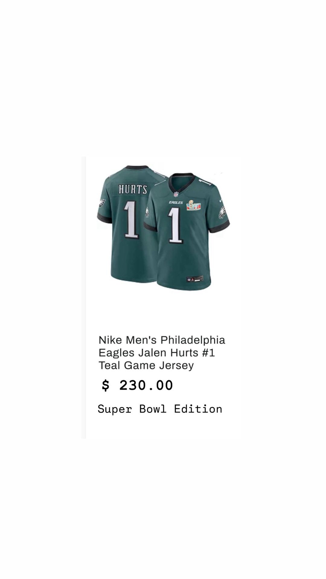 Nike Men's Philadelphia Eagles Jalen Hurts Super Bowl LIX Game Player Jersey