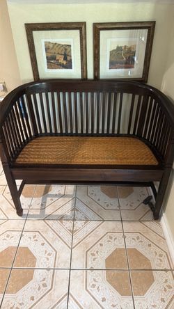 Dark Wood Bench with Woven Rattan Seat