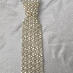 Vintage 11" Faux Pearl Tie Necktie Necklace Adjustable Hook Clasp Choker 7" Drop