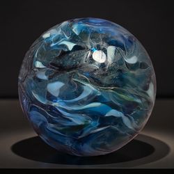 Hand-Blown Blue Swirl Glass Orb Paperweight