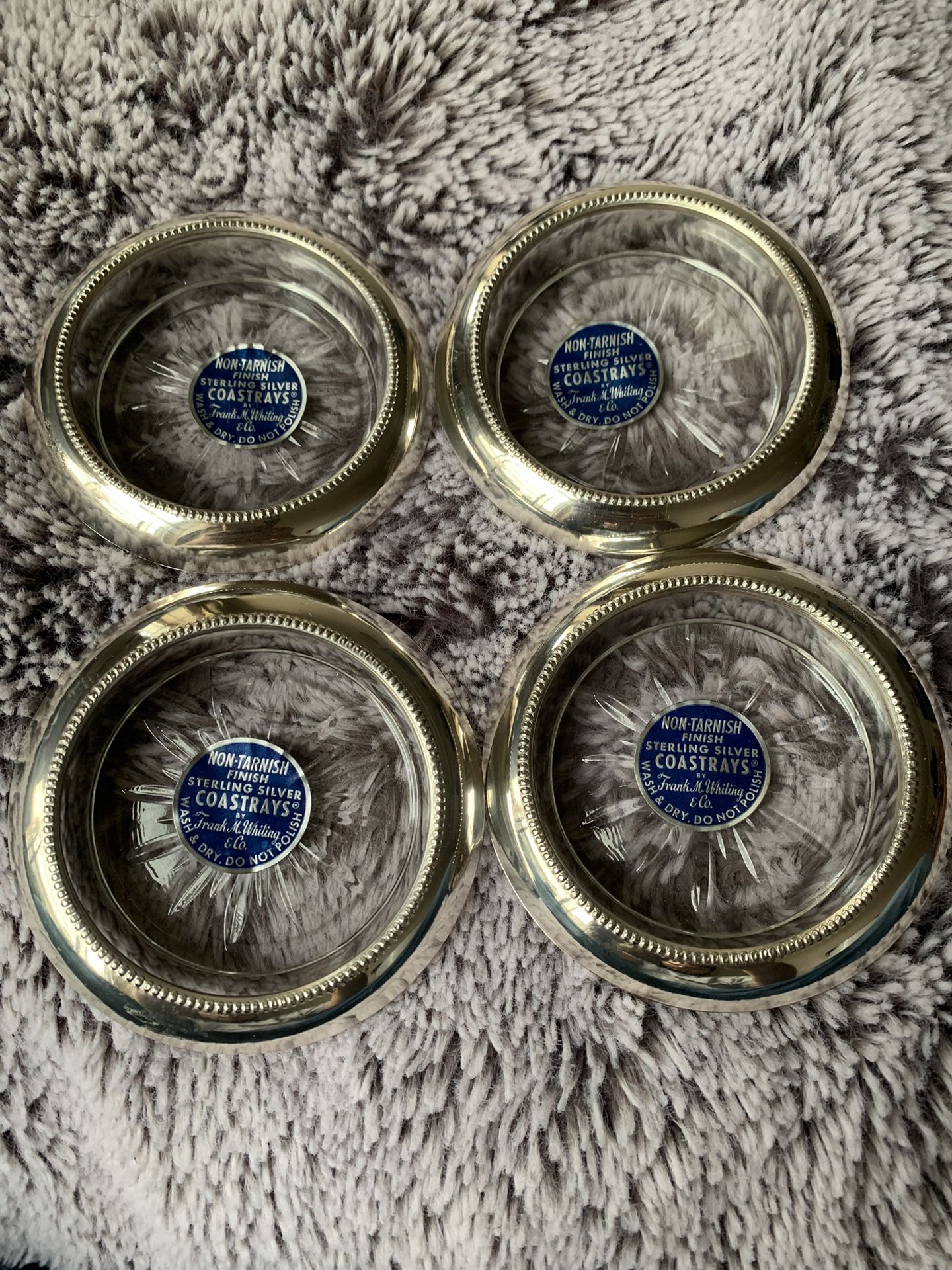 Set of 4 Vintage Frank M. Whiting & Co. Sterling Silver & Glass 3.75" Coasters