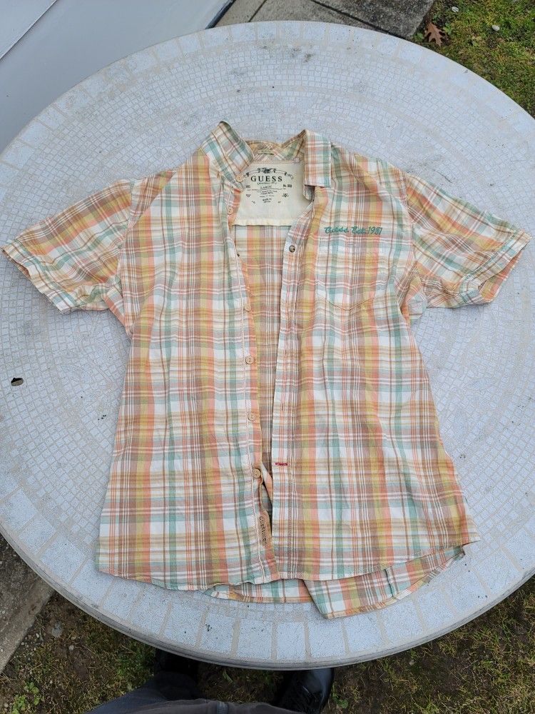 Guess Orange Plaid Button Up Shirt