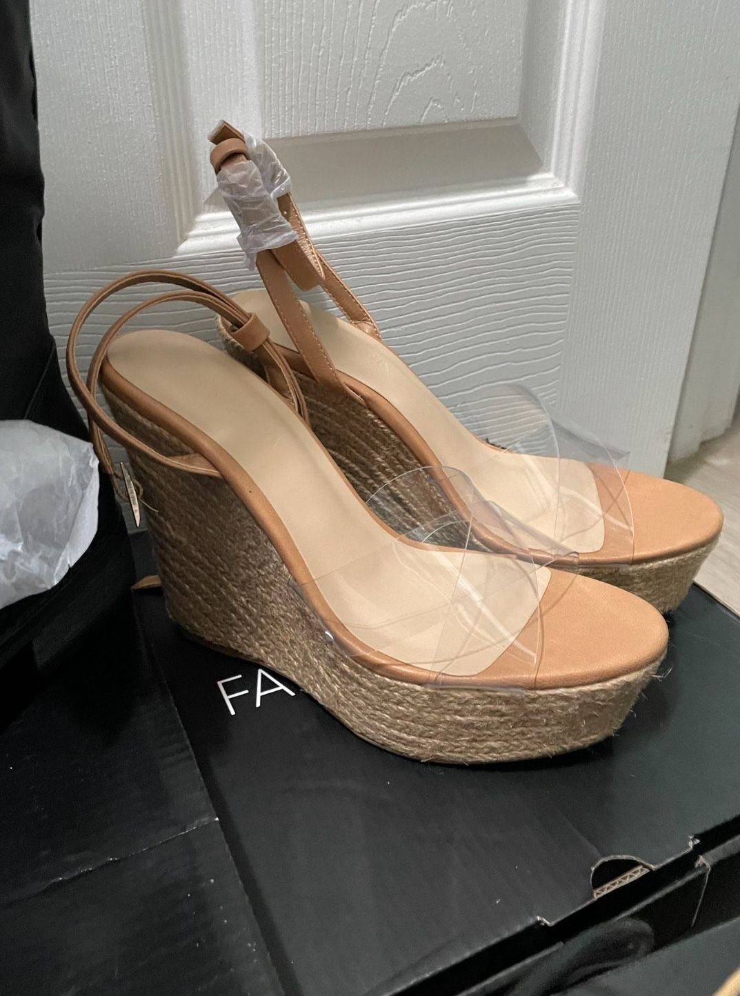 Clear brown wedge heels