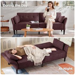 89” Futon Sofa Bed, Comfy Futon Couch Bed with 2 Square Pillows, Convertible Sleeper Sofa with Adjustable Backrest& Armrests, Modern Loveseat Sleeper 