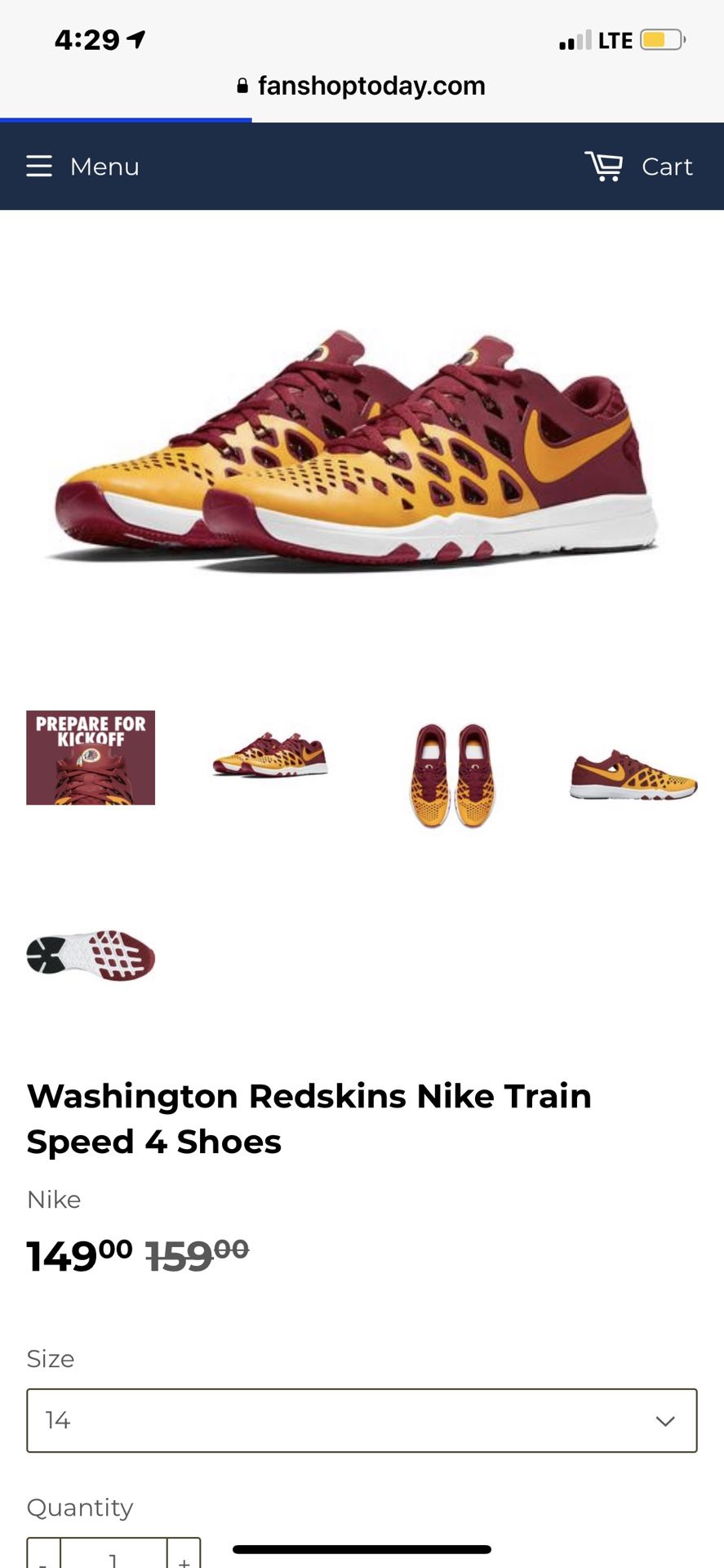 Washington Redskins Nike Train Speed 4 Shoes (size men’s 12)