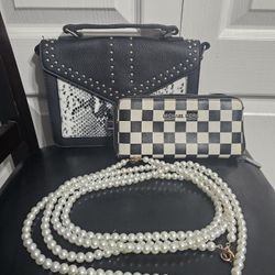 Reptile Skin Purse$10, MK Checker Wallet$30, plastic hot pink &chrome silver purse $20ea -edinburg 