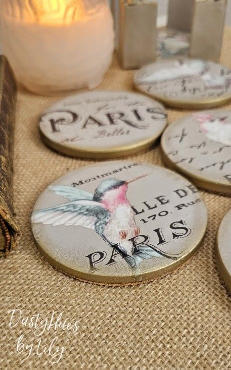 Ceramic Coasters/Beverage Coasters/French Inspired Decor/Set of 6/ with Holder/Hand-painted/unique Find