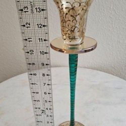 12" Tall Candle Holder. Glass, Stemmed, Red/Gold W/Gold Tone Scrolling and Trim.
