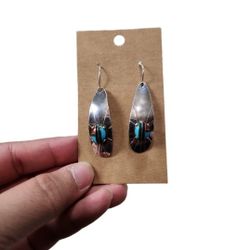 Sterling Silver Stamped Multi-Stone Inlay Drop Earrings