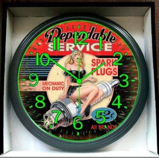 Retro Garage Pin-Up Glow In The Dark Wall Clock New!