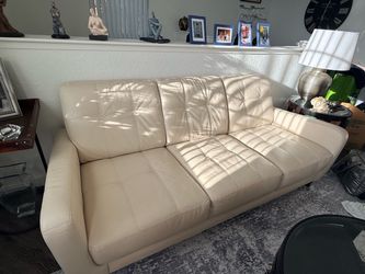 Cream Leather Tufted 3-Seat Sofa and 2-Seat Love Seat