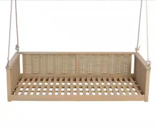 In Box Twin Size Outdoor Porch Swing Bed Solid Wood Rattan Swing Daybed Frame with Long Ropes