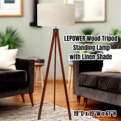 LEPOWER Wood Tripod, Mid Century Standing Lamp with Linen Shade (Brown) 