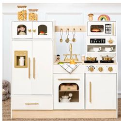 Wooden Kids Play Kitchen, Pretend Cooking Toy Set with Stove, Sink, Coffee Maker & 11 Accessories,