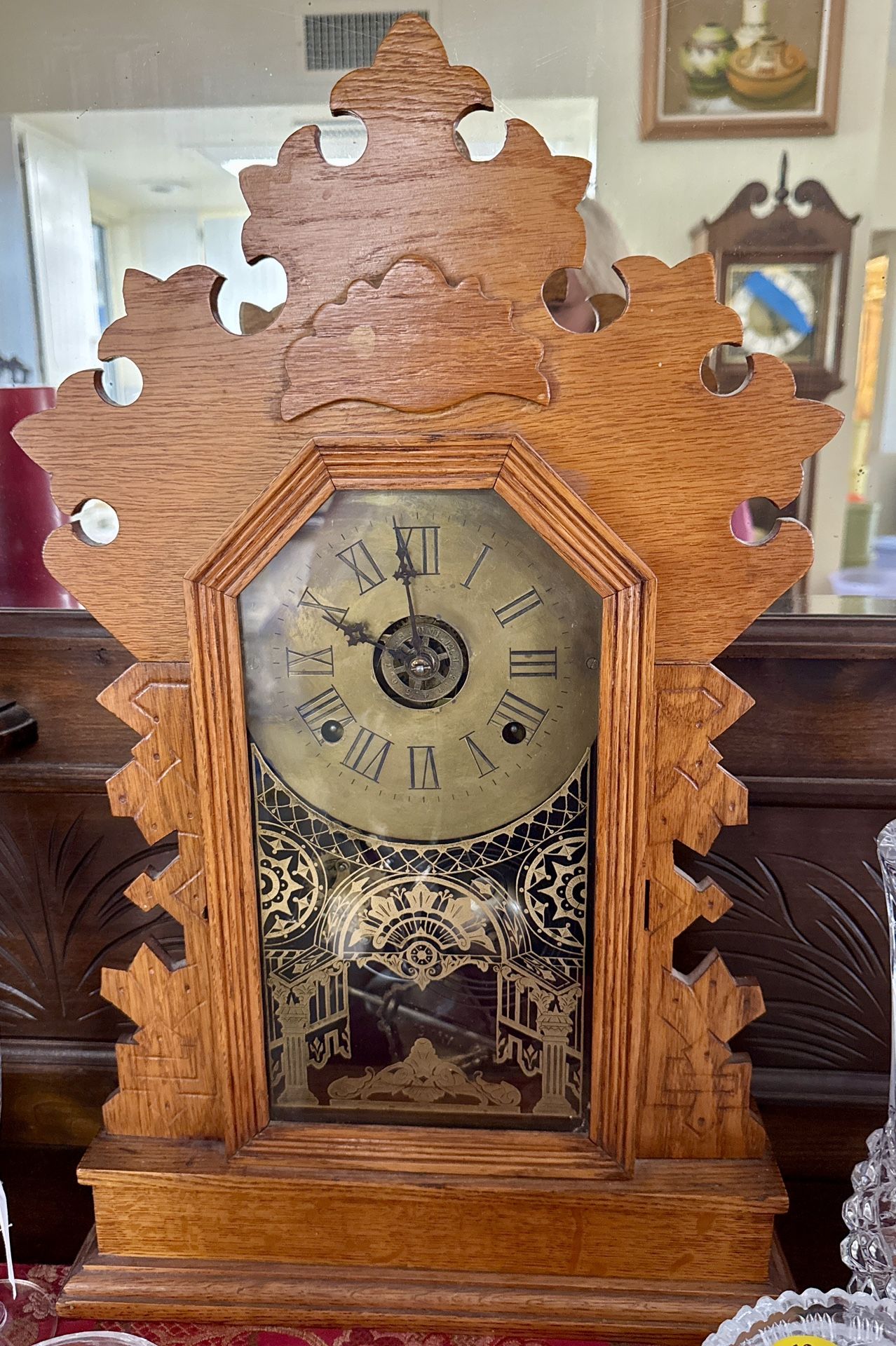 Antique Oak Gingerbread Mantel Clock