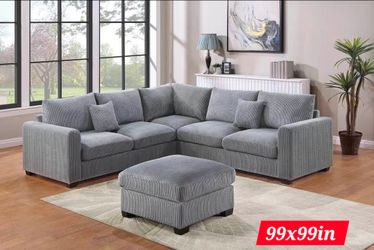 Gray Corduroy Sectional Sofa with Ottoman