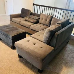 Brand New Grey Velvet Sectional Sofa With Storage Ottoman 