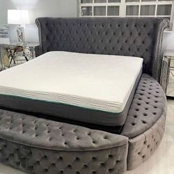 King Size Gray Round Storage Platform Bed Frame Cama 