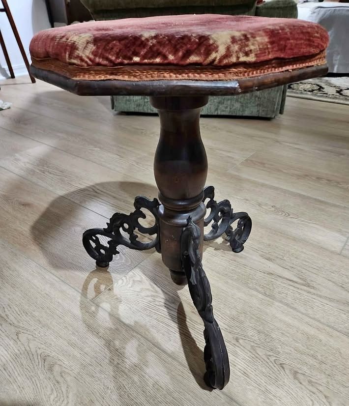 Seavey & Chadwick, Boscawen, NH Classical Style Cast Iron, Stained Mahogany, and Velvet Upholstered Revolving Stool, H: 19 in