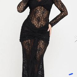 Black Sheer Lace Draped Long Sleeve Maxi Dress