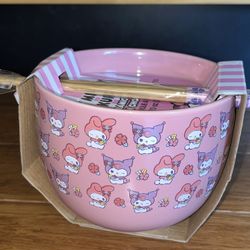 Sanrio My Melody & Kuromi Pink Ceramic Bowl With Chopsticks NWT NEW